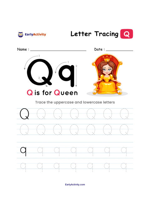 Tracing worksheet with uppercase and lowercase Q, dotted practice lines, and a queen sitting on a throne.