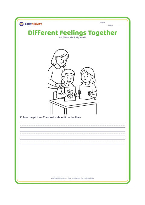 Worksheet: Two children sit beside each other after a shared classroom activity; one smiles proudly at a drawing while the other looks unsure and holds a blank sheet. Show a teacher nearby offering…
