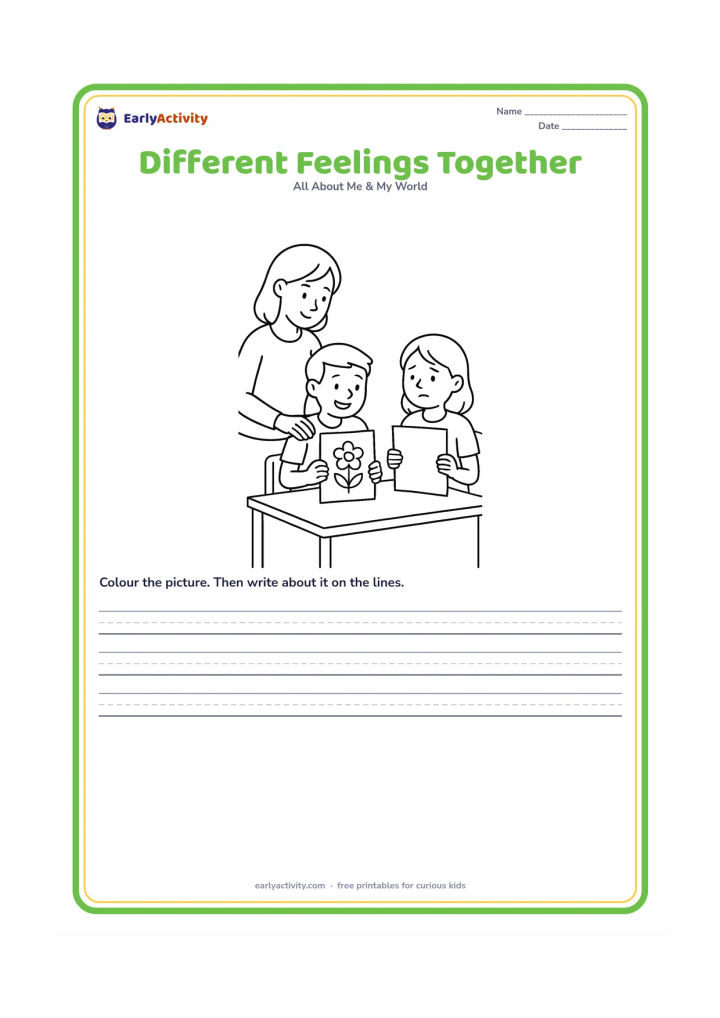 Worksheet: Two children sit beside each other after a shared classroom activity; one smiles proudly at a drawing while the other looks unsure and holds a blank sheet. Show a teacher nearby offering…