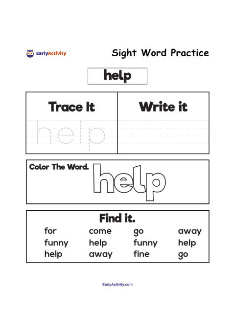 Worksheet showing the sight word “help” for tracing, writing, colouring and finding in a group of words.