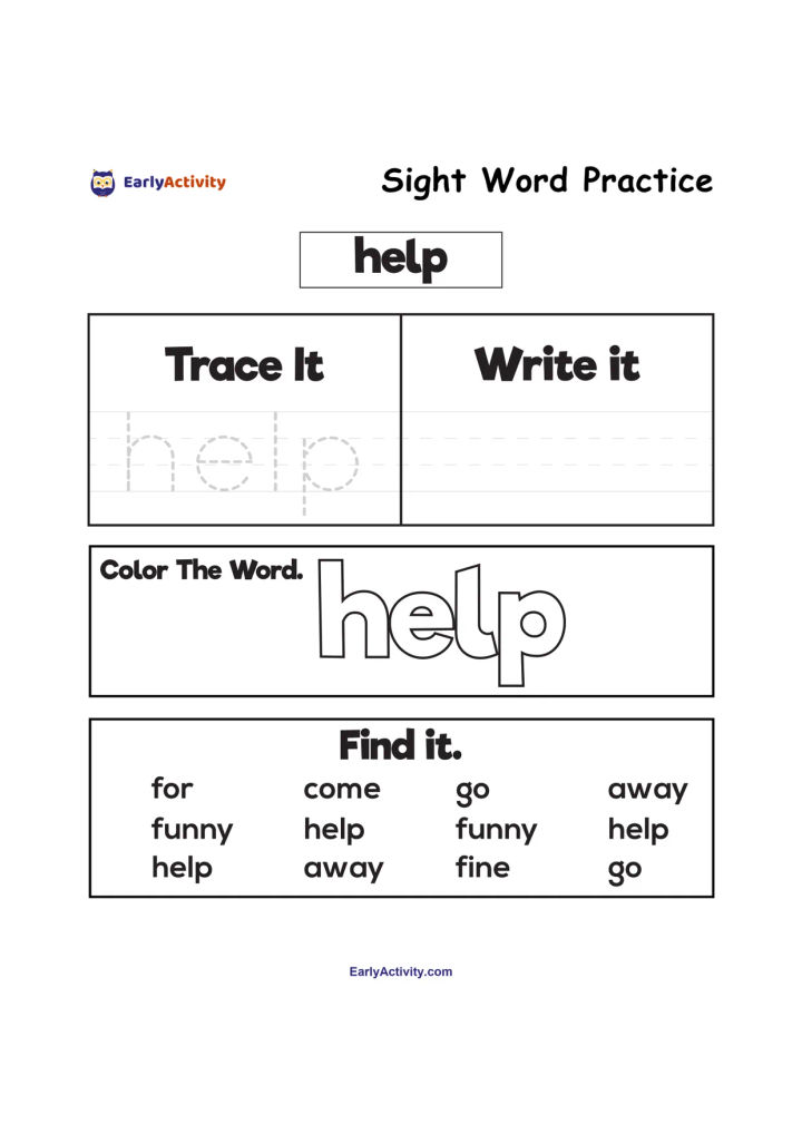 Worksheet showing the sight word “help” for tracing, writing, colouring and finding in a group of words.
