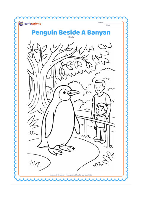 Colouring page: Draw a penguin visiting an Indian wildlife park, standing beside a large banyan tree while a small child observes from a safe distance with an adult. Include a simple path, leafy…