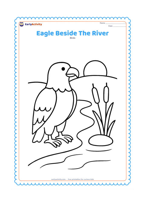 Colouring page: Draw an eagle standing on a smooth riverbank beside a gently curving river. Include two simple reeds, one round stone and a low sun in the background.