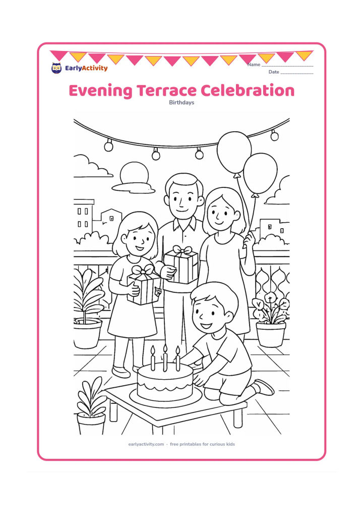 Colouring page: At dusk on an Indian apartment terrace, a child reaches toward a cake with glowing candles while family members stand nearby with gifts and balloons. Include a patterned railing, potted…