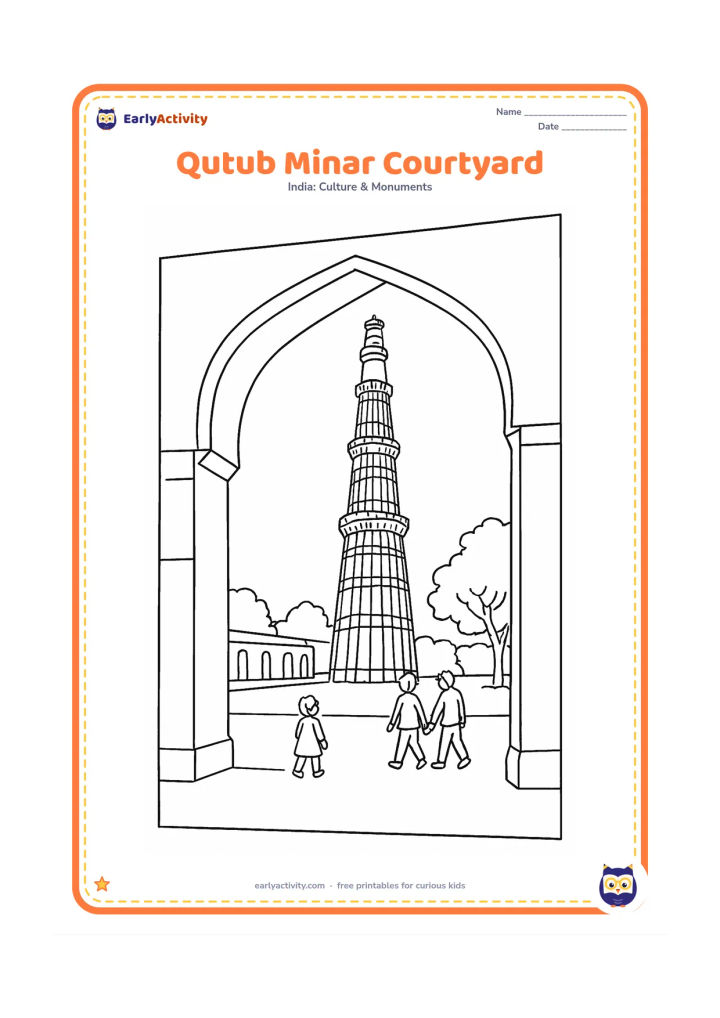 Colouring page: Show Qutub Minar beyond an open courtyard, with a large archway in the foreground, a few visitors walking, and trees along the boundary. Make the five storeys and projecting balconies…