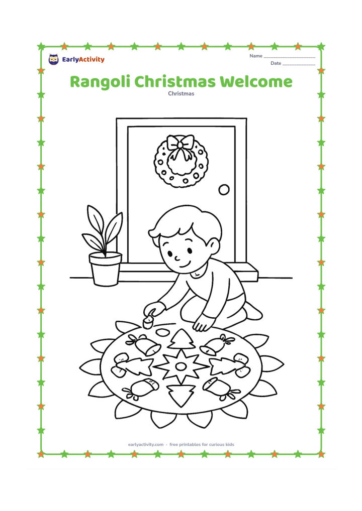 Colouring page: A child makes a festive floor design combining a central Christmas star, simple evergreen shapes, bells and symmetrical rangoli-style petals outside a home doorway. Add a small potted…