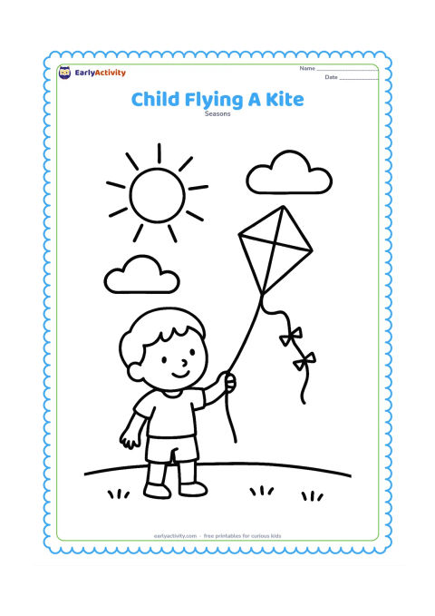 Colouring page: A child stands on open grass holding a kite string while a diamond-shaped kite floats overhead. Add a large sun and two rounded clouds in the sky.