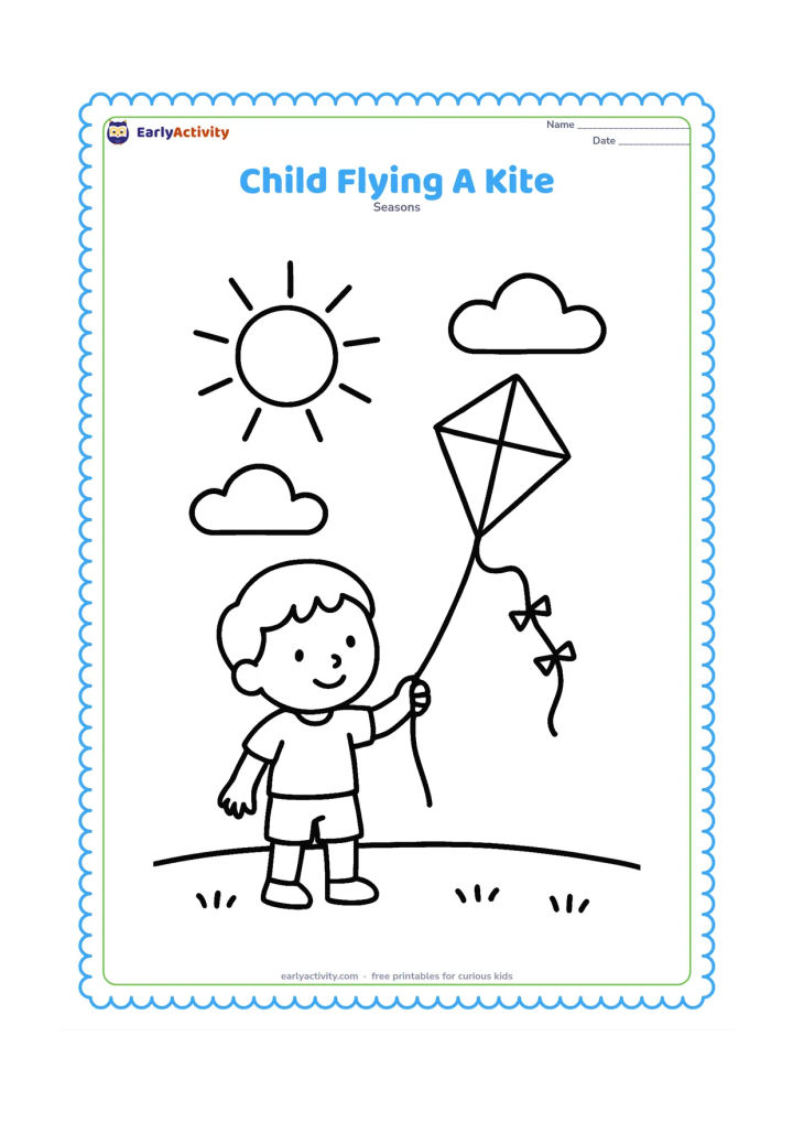 Colouring page: A child stands on open grass holding a kite string while a diamond-shaped kite floats overhead. Add a large sun and two rounded clouds in the sky.