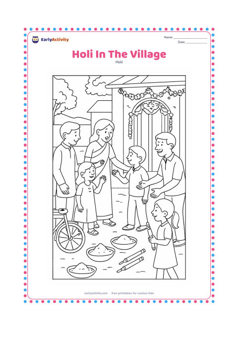 Colouring page: Families and children gather in a village lane for Holi, with a decorated doorway, a hand pump, bicycles, gulal bowls, pichkaris, and flower garlands. Show people greeting each other…