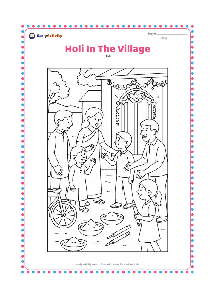 Colouring page: Families and children gather in a village lane for Holi, with a decorated doorway, a hand pump, bicycles, gulal bowls, pichkaris, and flower garlands. Show people greeting each other…