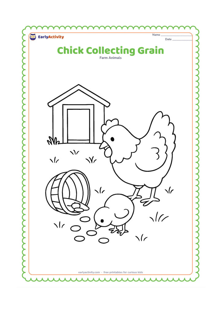 Colouring page: Draw a chick pecking beside a tipped basket with several large grain kernels scattered on the ground. Include a hen watching nearby, a coop doorway, and grass.