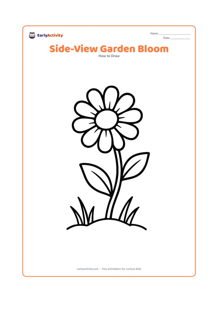 Worksheet: A side-view flower tilts to the left on a gently bending stem, with one open leaf and one partly folded leaf. Place it among a few simple grass blades and a low garden mound.