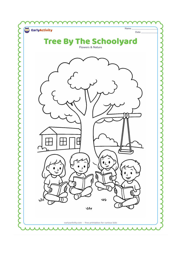 Colouring page: Draw a large shade tree beside an Indian schoolyard, with children sitting under it reading picture books, a swing hanging from a strong branch, and a low building in the distance. Do…