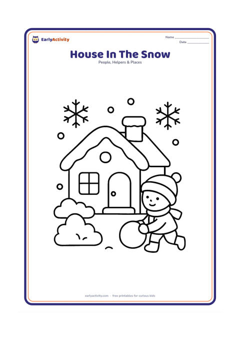 Colouring page: Draw a small winter house with snow resting on the roof, a door, two windows, a chimney, snow-covered bushes and a child making a snowball outside. Include a few large snowflakes.