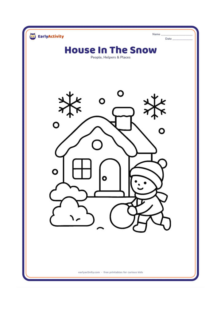 Colouring page: Draw a small winter house with snow resting on the roof, a door, two windows, a chimney, snow-covered bushes and a child making a snowball outside. Include a few large snowflakes.
