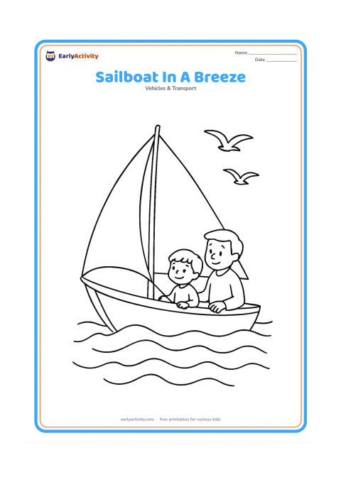 Colouring page: Draw a medium-sized sailboat leaning slightly as its full sail catches the wind on open water. Include a child and adult seated in the boat, several curved waves, and two seabirds in the…