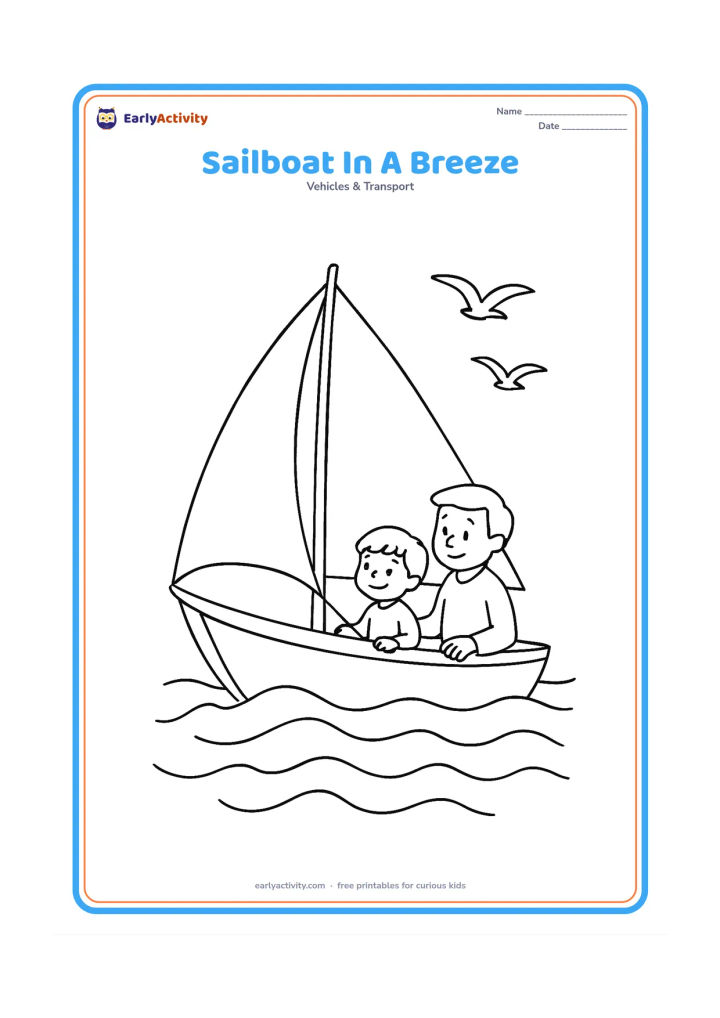 Colouring page: Draw a medium-sized sailboat leaning slightly as its full sail catches the wind on open water. Include a child and adult seated in the boat, several curved waves, and two seabirds in the…