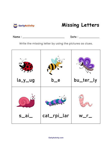 Worksheet showing six bug pictures, including a ladybug, bee, butterfly, snail, caterpillar and worm, with incomplete words below.