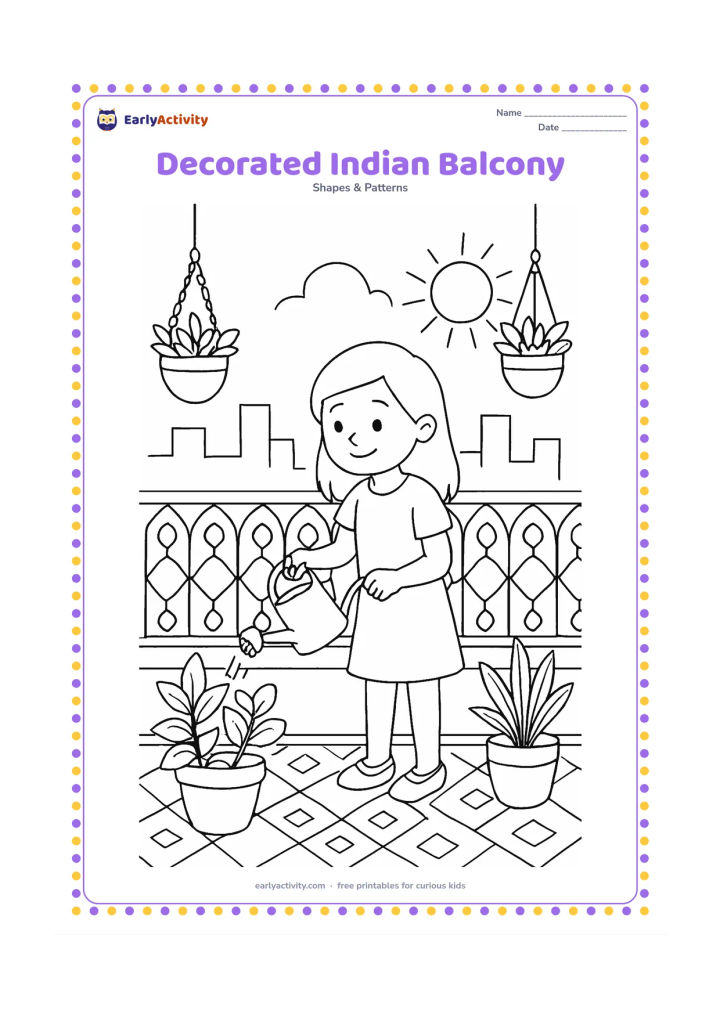 Colouring page: Draw a child watering plants on an Indian balcony with a railing made from repeating arches, circles, and diamond shapes. Include patterned floor tiles, hanging pots, a distant skyline,…