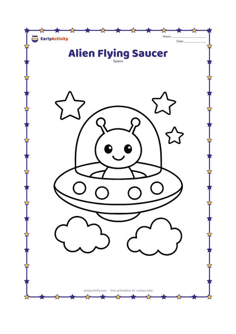Colouring page: Draw a friendly alien sitting inside a large oval flying saucer with a clear dome, hovering above two fluffy clouds. Add a few big stars around the saucer.