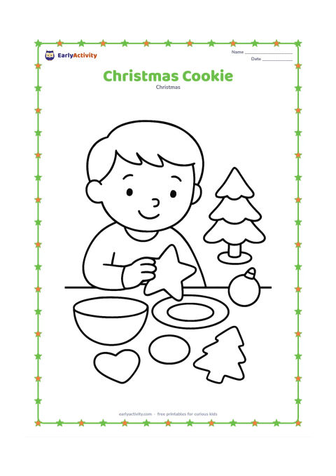 Colouring page: A child places a large star-shaped cookie on a plate beside a small Christmas tree and one round ornament. Add a simple mixing bowl and a few large cookie shapes on the table.