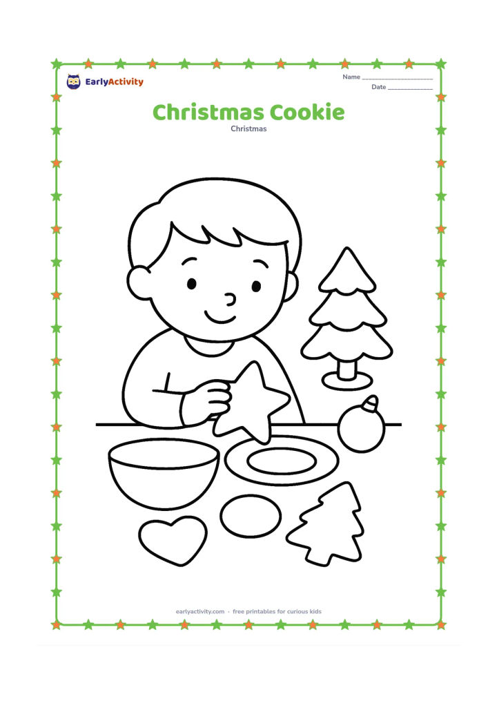Colouring page: A child places a large star-shaped cookie on a plate beside a small Christmas tree and one round ornament. Add a simple mixing bowl and a few large cookie shapes on the table.