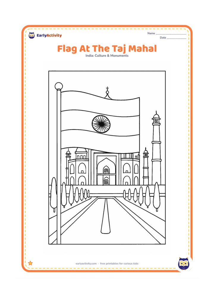 Colouring page: Draw an Indian flag in the foreground of the Taj Mahal gardens, with the monument, reflecting pool, cypress trees and a central walkway behind it. Keep the flag fully visible and centred…