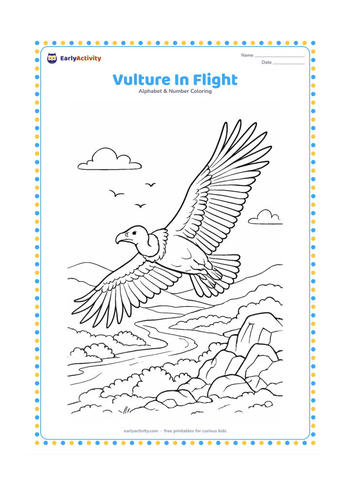 Colouring page: Draw a vulture soaring above a rocky Indian landscape, wings spread wide and feathers clearly separated. Below it, show a river, scrub plants, distant hills, and a few small birds in the…