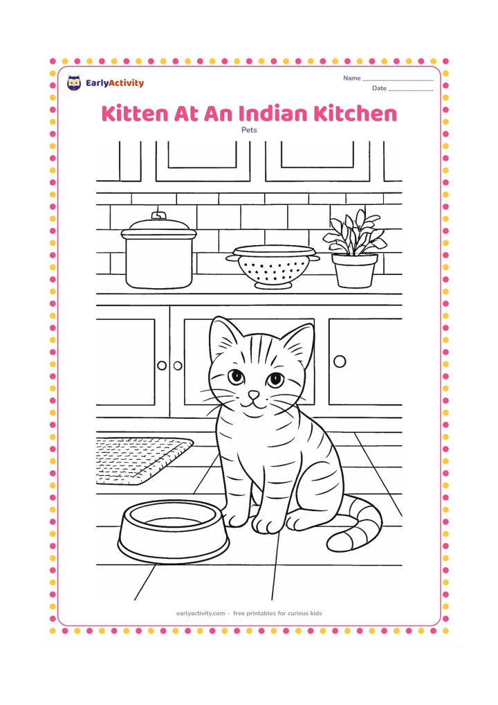 Colouring page: A kitten sits safely on the floor near a food bowl in a tidy Indian kitchen, with low cupboards, a covered container, a colander, a mat and a potted herb. Keep all cooking surfaces…