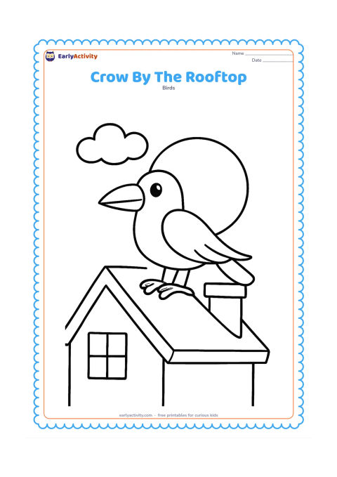 Colouring page: A crow perches on a simple house rooftop, with a chimney, one cloud, and a large rising sun behind it.