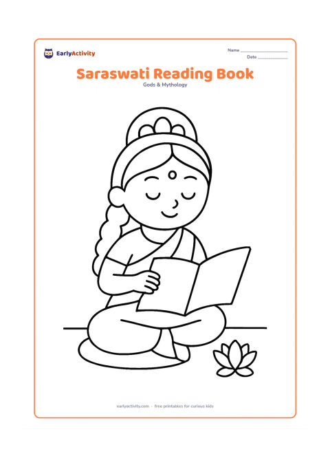 Colouring page: Saraswati sits on a low cushion and looks at an open book with completely blank pages. Place one small lotus near her feet and use a simple floor line to anchor the scene.