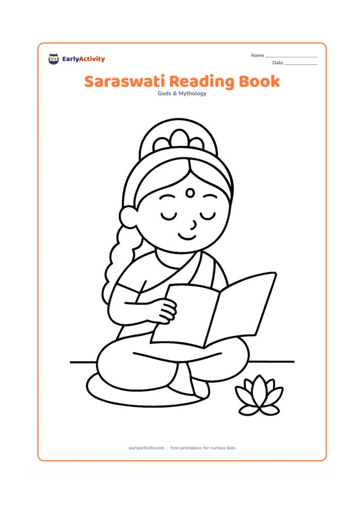 Colouring page: Saraswati sits on a low cushion and looks at an open book with completely blank pages. Place one small lotus near her feet and use a simple floor line to anchor the scene.
