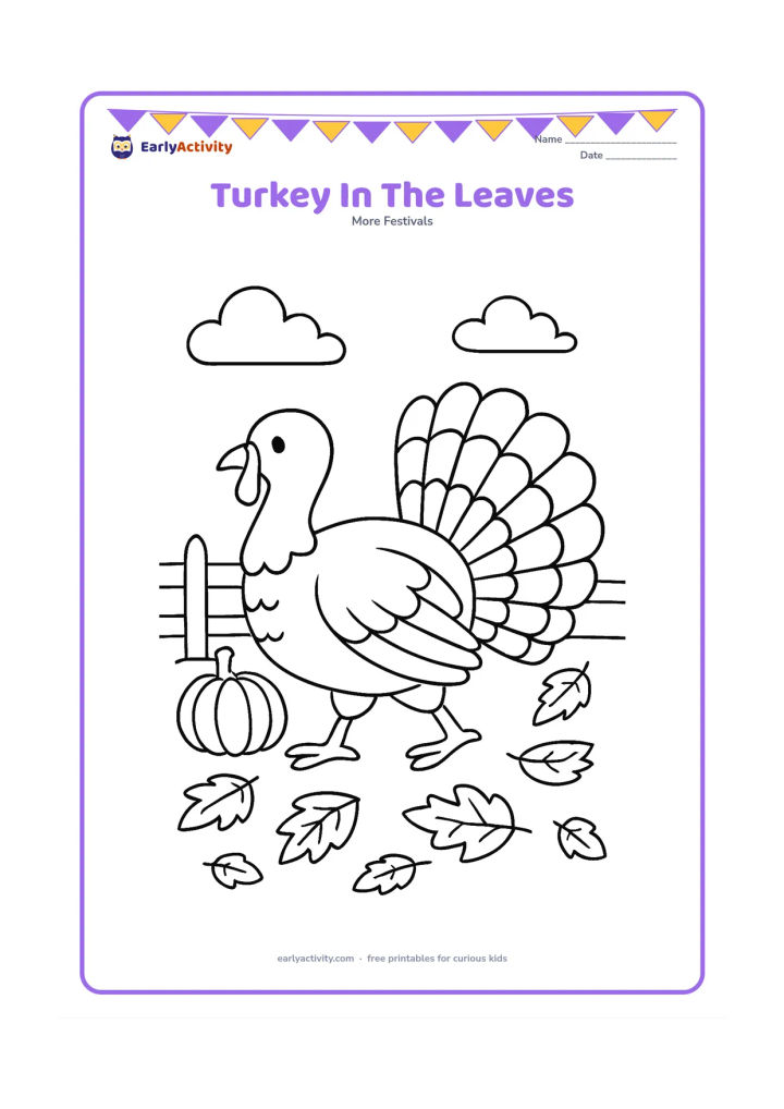 Colouring page: A side-view turkey walks through scattered autumn leaves beside a small pumpkin and a fence. Show its tail partly raised and add a simple cloudy sky.