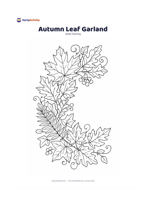Colouring page: Create a curved garland of maple, oak, fern, and ivy leaves with berries and curling stems. Arrange the leaves in overlapping layers to suggest an autumn table decoration.