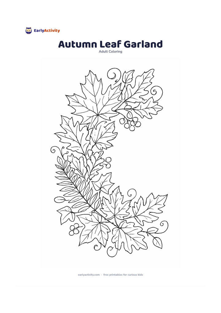 Colouring page: Create a curved garland of maple, oak, fern, and ivy leaves with berries and curling stems. Arrange the leaves in overlapping layers to suggest an autumn table decoration.