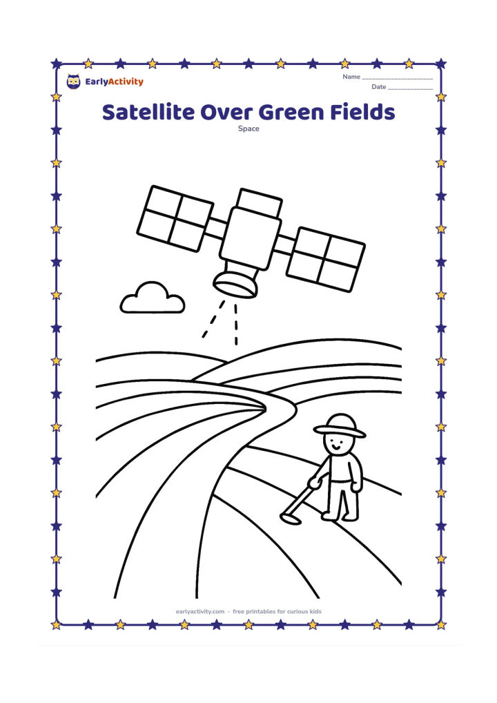 Colouring page: Draw a satellite above a curved Earth landscape of broad farm fields, a small water canal, and a farmer near the field edge. Show the satellite observing the fields with a simple…