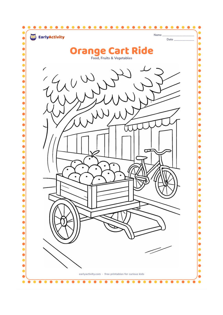 Colouring page: Draw a handcart carrying a crate of oranges along an Indian market lane, with a bicycle parked nearby and a leafy tree overhead. Do not include signs, lettering or numbers.