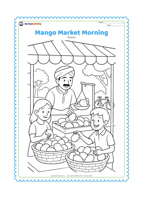 Colouring page: A busy Indian market scene shows a fruit seller weighing mangoes on a balance scale while two customers choose fruit, with baskets, a bicycle, a striped awning and trees beyond.