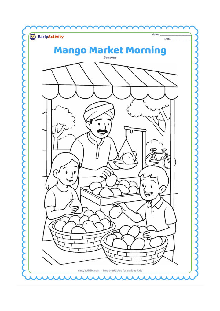 Colouring page: A busy Indian market scene shows a fruit seller weighing mangoes on a balance scale while two customers choose fruit, with baskets, a bicycle, a striped awning and trees beyond.