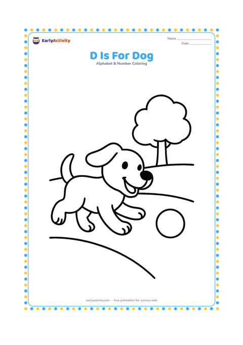 Colouring page: Draw a happy dog running after a simple ball in a park, with one tree and a curved path behind it. Show the dog in an energetic but easy-to-colour pose.