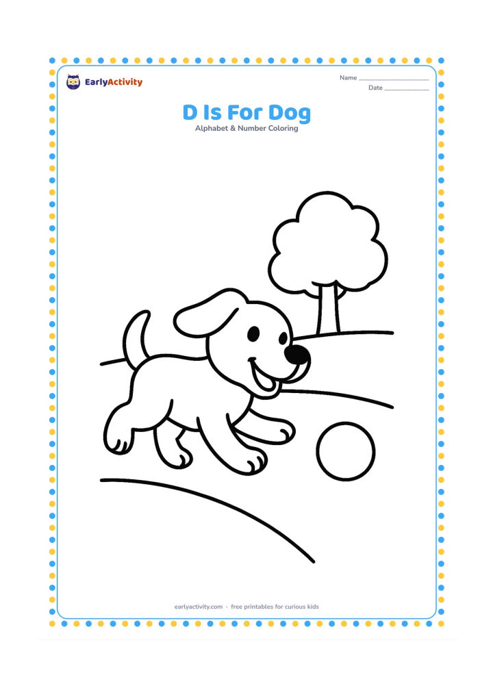 Colouring page: Draw a happy dog running after a simple ball in a park, with one tree and a curved path behind it. Show the dog in an energetic but easy-to-colour pose.