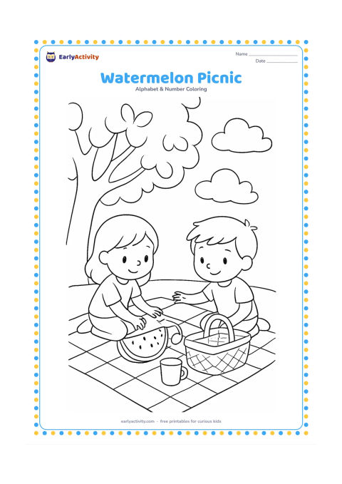Colouring page: Draw a family picnic blanket with a sliced watermelon, a basket, a cup, and two children reaching for fruit. Set the scene under a leafy tree with a few clouds.