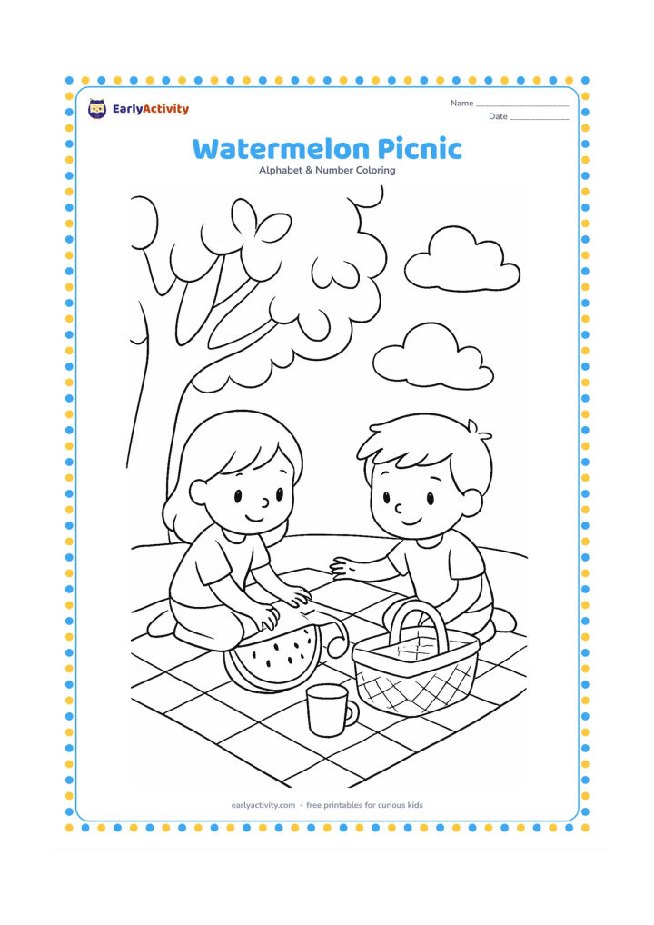 Colouring page: Draw a family picnic blanket with a sliced watermelon, a basket, a cup, and two children reaching for fruit. Set the scene under a leafy tree with a few clouds.