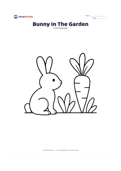 Worksheet: Draw a seated rabbit with two long upright ears, a round body and a fluffy tail, facing a large carrot in a simple garden. Add only three large leaves and a wide ground line.
