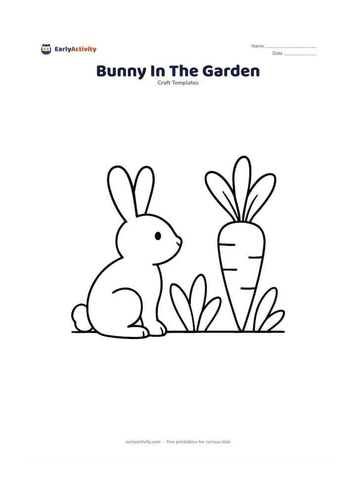 Worksheet: Draw a seated rabbit with two long upright ears, a round body and a fluffy tail, facing a large carrot in a simple garden. Add only three large leaves and a wide ground line.