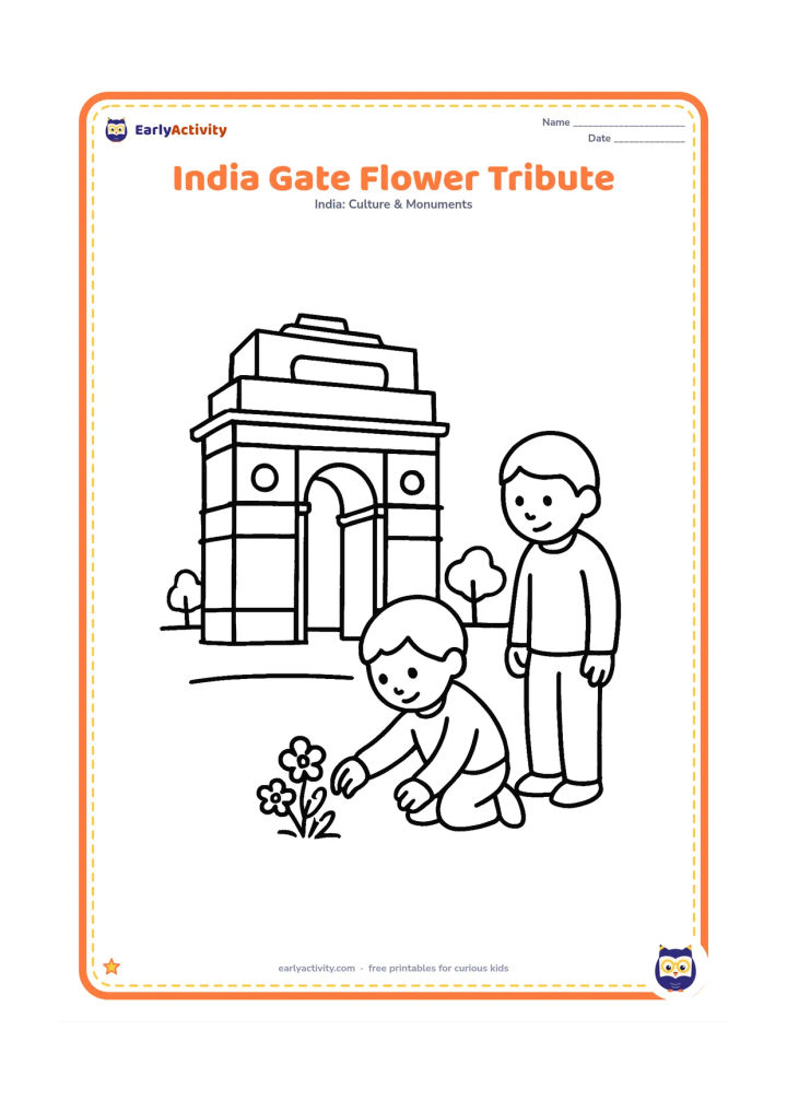 Colouring page: Draw India Gate from a front three-quarter view on a clear winter morning, with a child gently placing a small group of flowers near the base while a parent stands nearby. Include a…