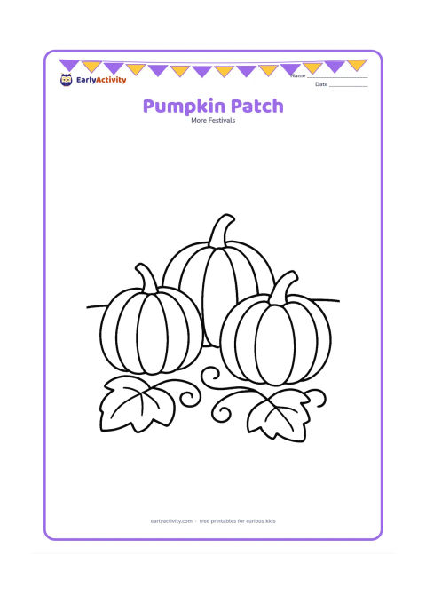 Colouring page: Three round pumpkins sit in a small patch with two broad leaves and simple curling vines. Add a low horizon and plenty of open space for easy colouring.