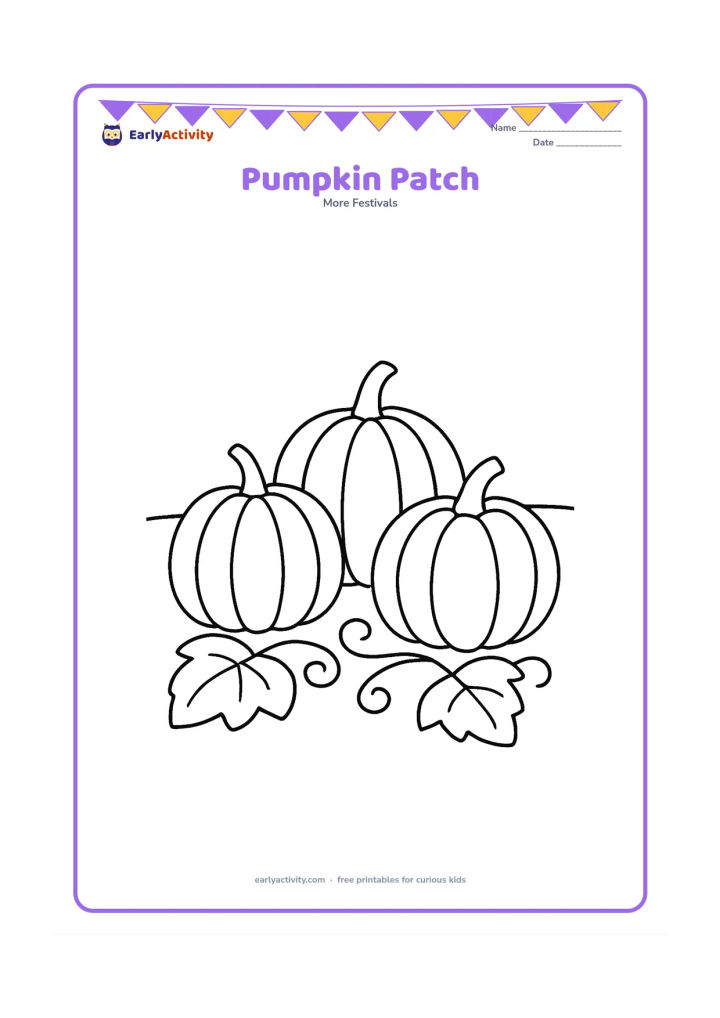 Colouring page: Three round pumpkins sit in a small patch with two broad leaves and simple curling vines. Add a low horizon and plenty of open space for easy colouring.