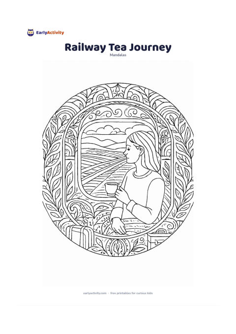 Colouring page: Create a circular mandala with a seated adult looking through a train window while holding a small cup of tea, with fields and distant hills outside. Surround the scene with repeating…