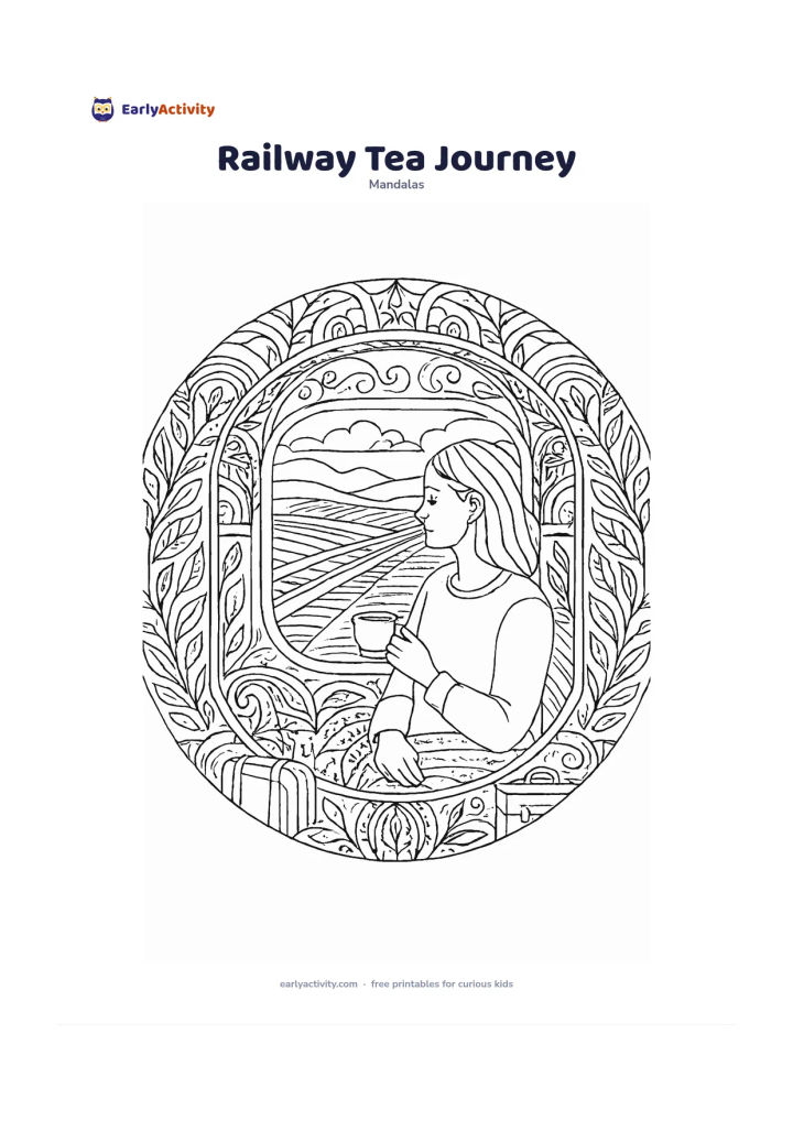 Colouring page: Create a circular mandala with a seated adult looking through a train window while holding a small cup of tea, with fields and distant hills outside. Surround the scene with repeating…